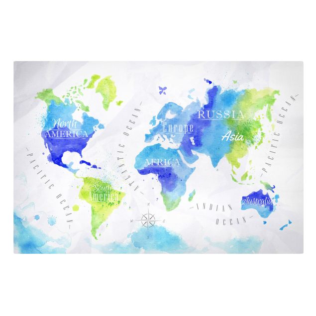 Prints blue World Map Watercolour Blue Green