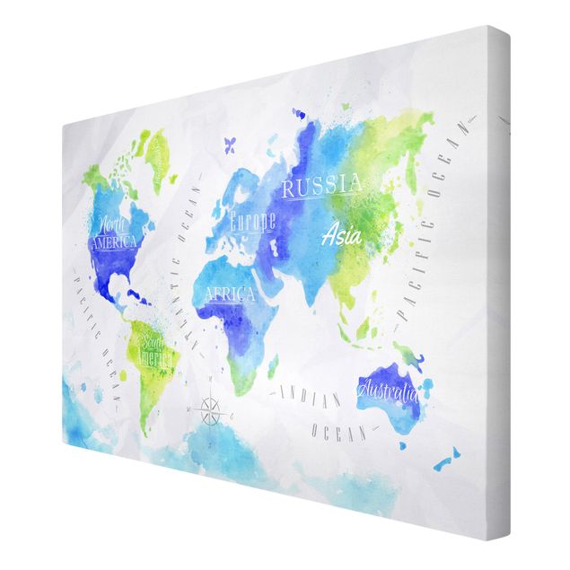 Green art prints World Map Watercolour Blue Green