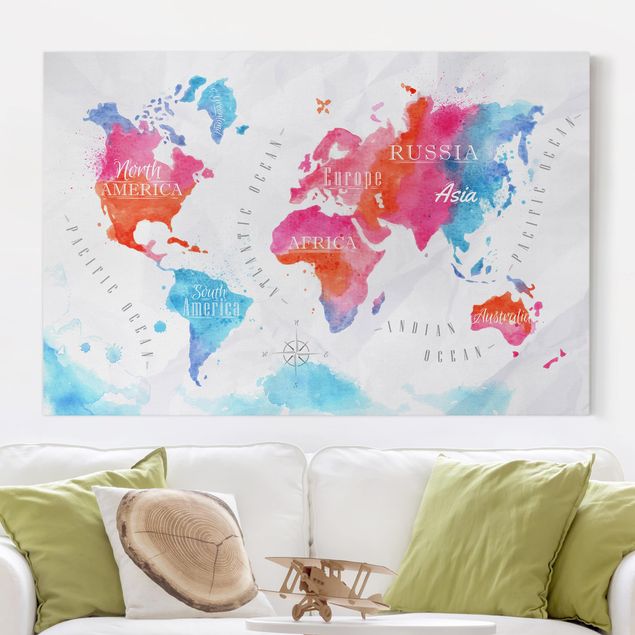 Kitchen World Map Watercolour Red Blue