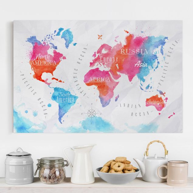 Printable world map World Map Watercolour Red Blue