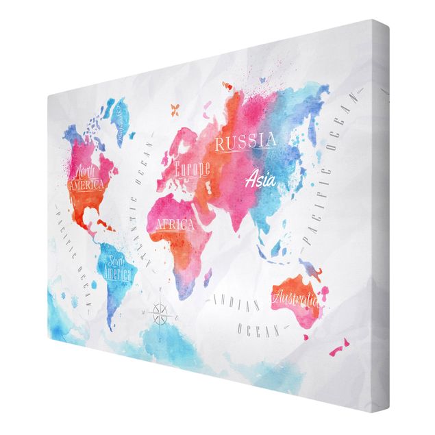 Red canvas wall art World Map Watercolour Red Blue