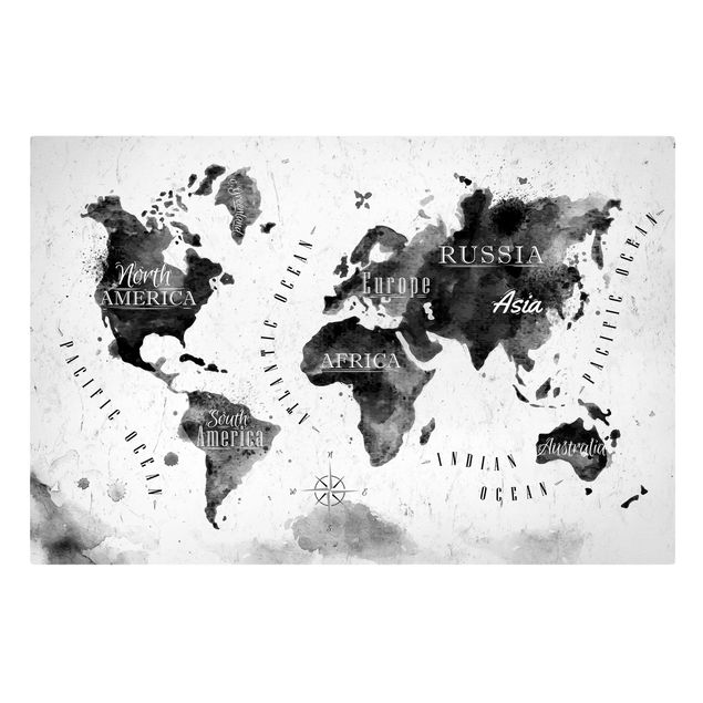 Prints black and white World Map Watercolour Black