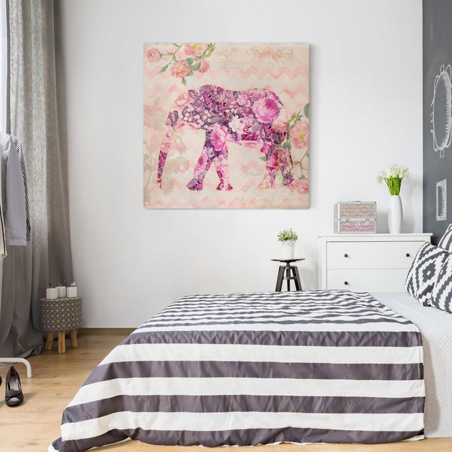 Butterfly canvas art Vintage Collage - Pink Flowers Elephant