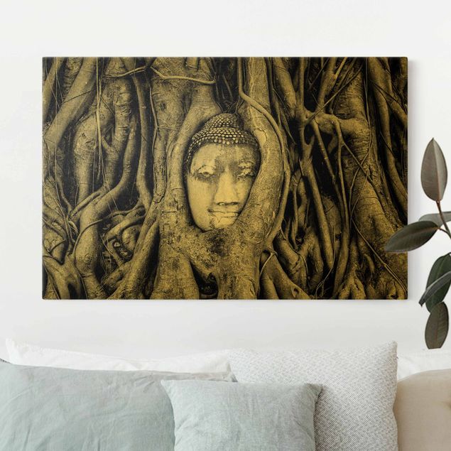 Black and white canvas art Buddha in Ayuttaya Framed By Tree Roots In Black And White