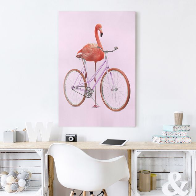 Canvas birds Flamingo With Bicycle