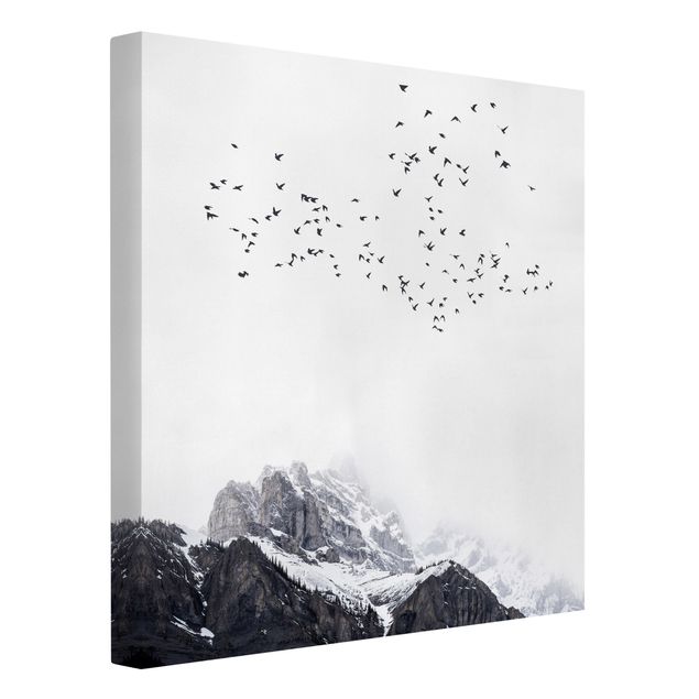 Mountain canvas art Flock Of Birds In Front Of Mountains Black And White