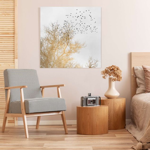 Landscape canvas prints Flock Of Birds In Front Of Golden Tree