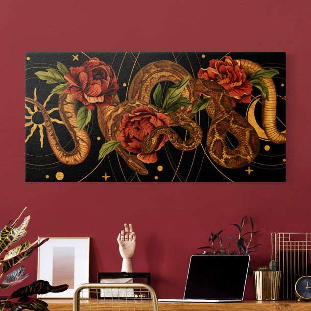 Prints animals Snakes With Roses On Black And Gold I