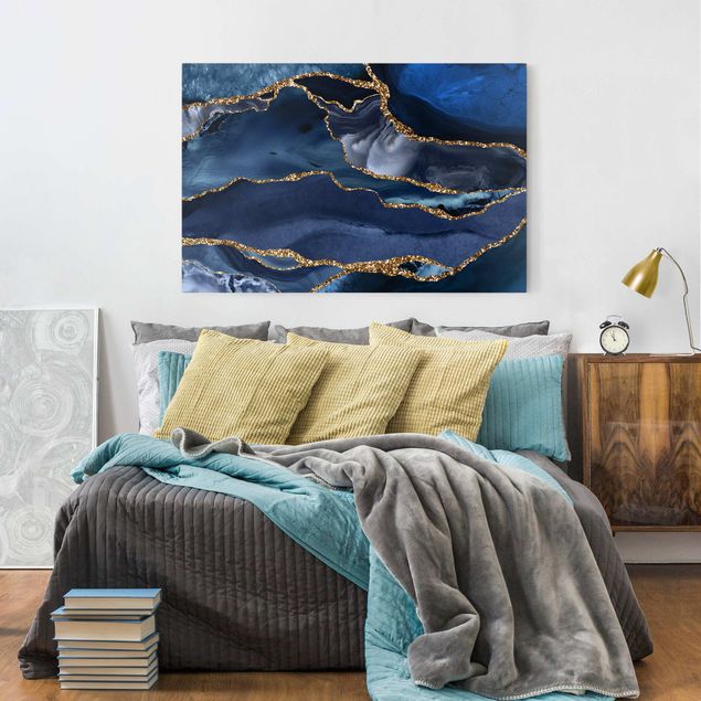 Canvas art Golden Glitter Waves Blue Backdrop