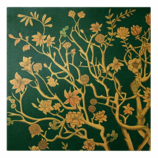 Green canvas wall art Chinoiserie Flowers At Night I