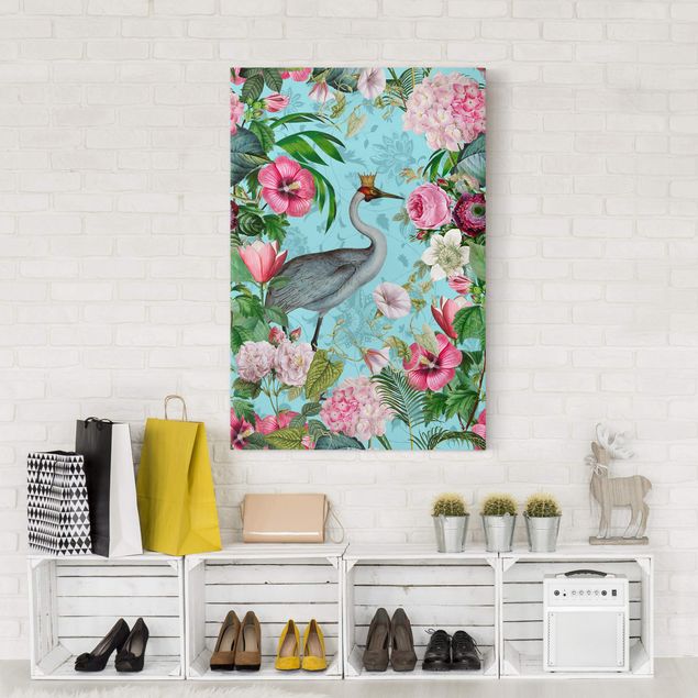 Pink rose canvas Vintage Collage - Crane With Crown
