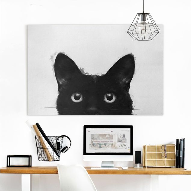 Black and white wall art Illustration Black Cat On White Painting