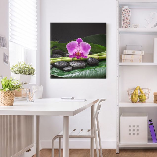 Bamboo canvas art Green Bamboo With Orchid Flower