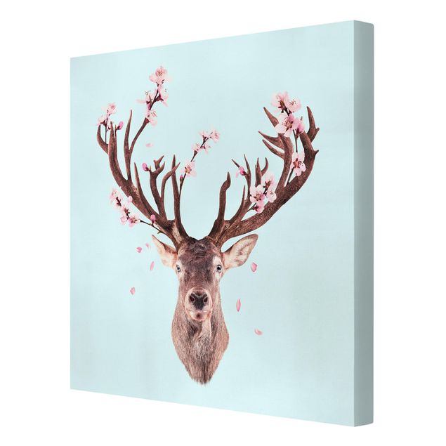Turquoise prints Deer With Cherry Blossoms