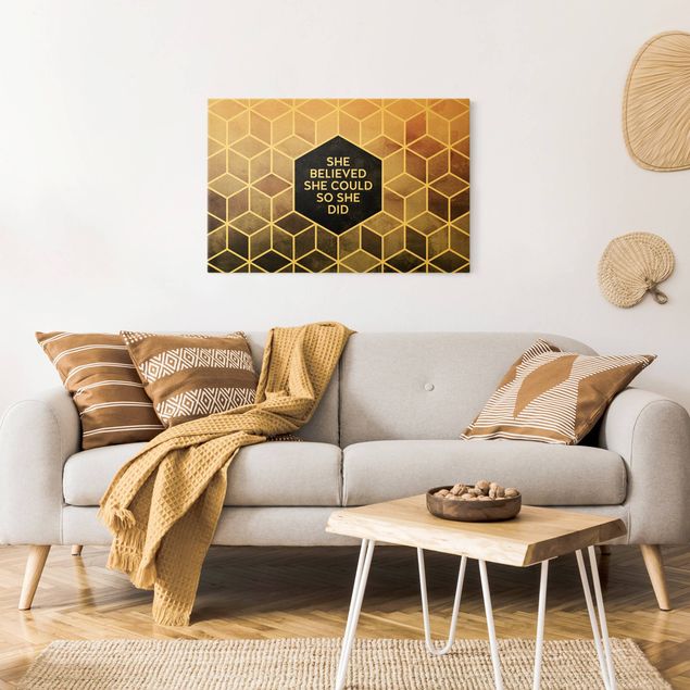 Abstract canvas wall art Golden Geometry - She Believed She Could
