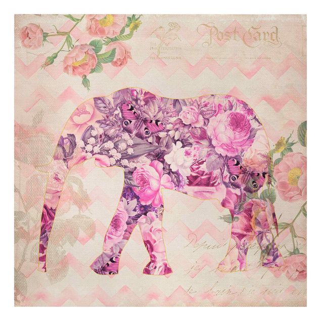 Canvas prints elefant Vintage Collage - Pink Flowers Elephant