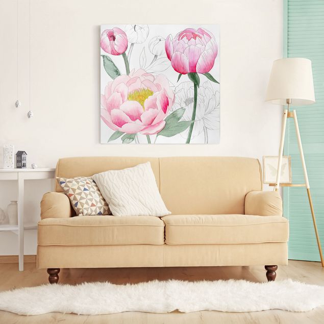 Floral canvas Drawing Light Pink Peonies II