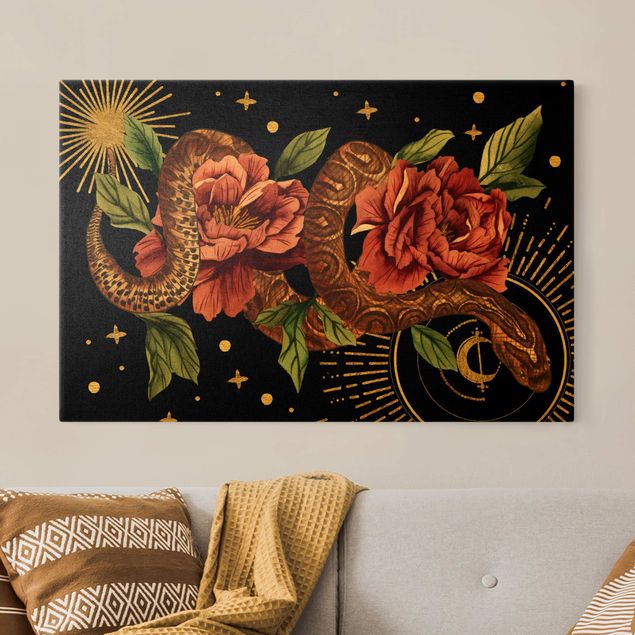 Animal wall art Snakes With Roses On Black And Gold II