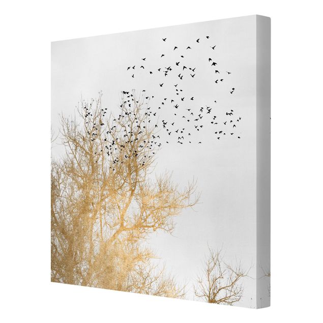 Canvas prints art print Flock Of Birds In Front Of Golden Tree