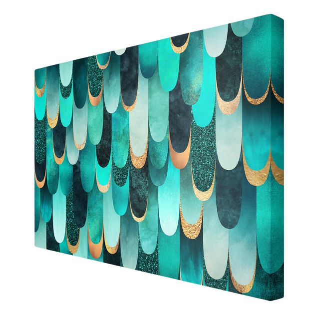 Wall art turquoise Feathers Gold Turquoise