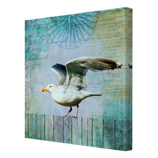 Prints blue Vintage Collage - Seagull On Wooden Planks