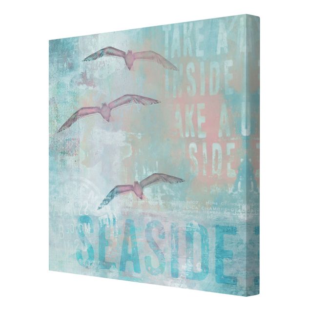 Turquoise canvas wall art Shabby Chic Collage - Seagulls