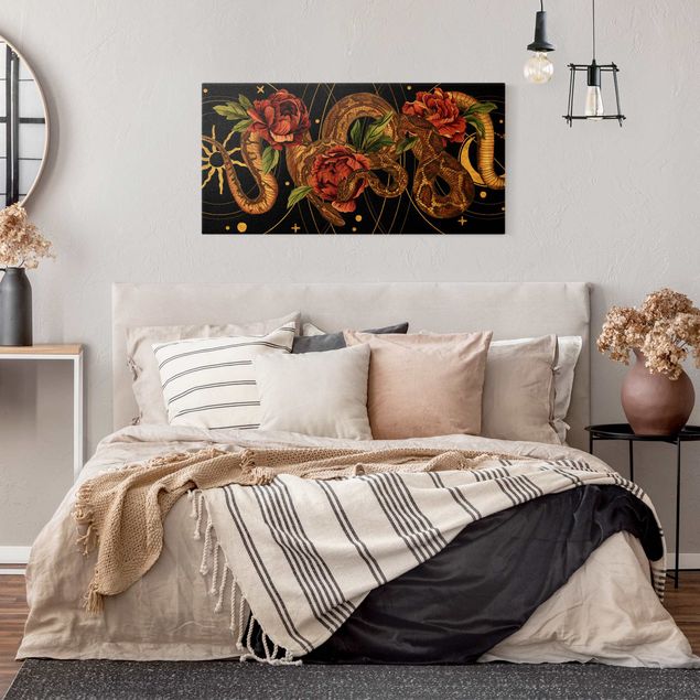 Prints flower Snakes With Roses On Black And Gold I