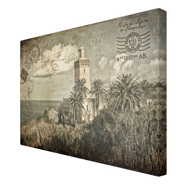 Canvas art prints Vintage Postcard With Lighthouse And Palm Trees