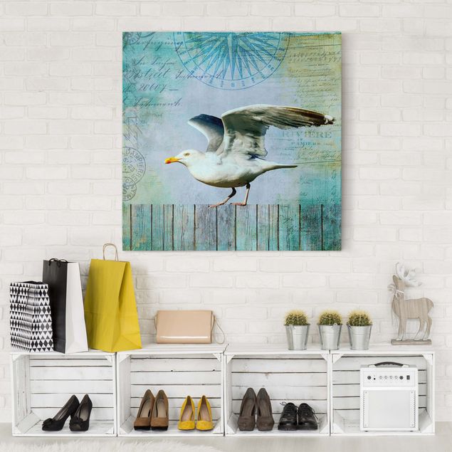 Canvas prints birds Vintage Collage - Seagull On Wooden Planks