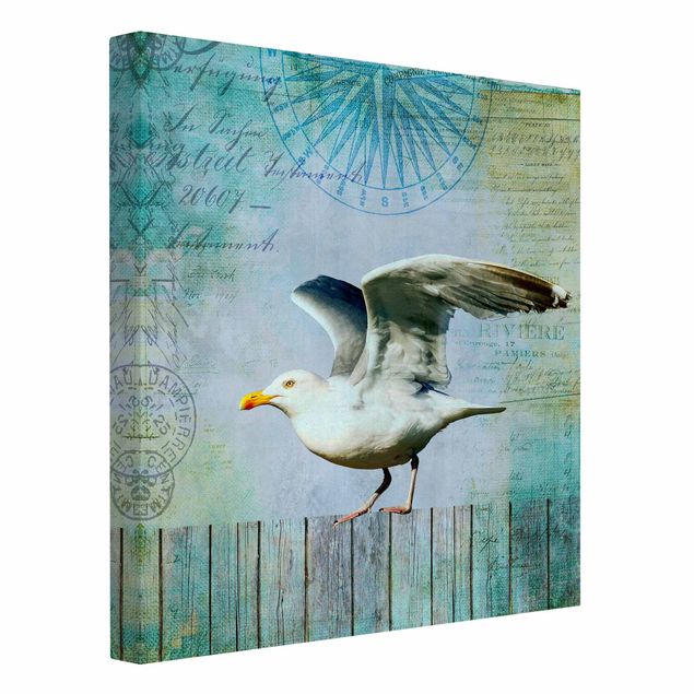 Canvas prints art print Vintage Collage - Seagull On Wooden Planks