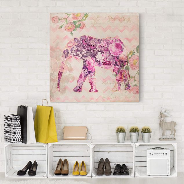Butterfly framed art Vintage Collage - Pink Flowers Elephant