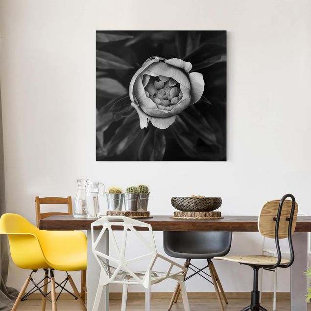 Red rose canvas Peonies In Front Of Leaves Black And White