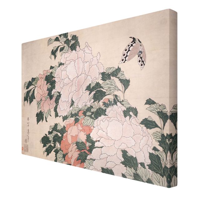 Art posters Katsushika Hokusai - Pink Peonies With Butterfly