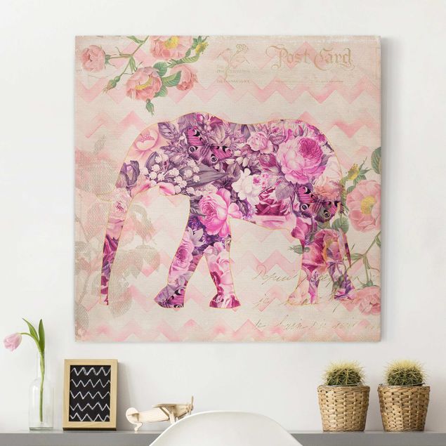Kitchen Vintage Collage - Pink Flowers Elephant