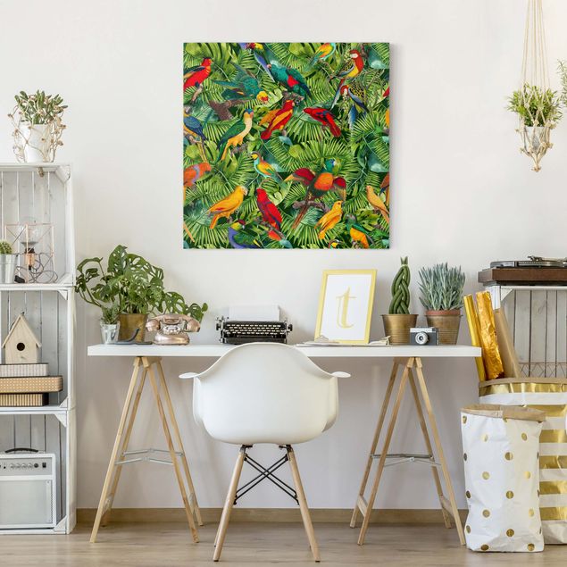Bird canvas wall art Colourful Collage - Parrots In The Jungle