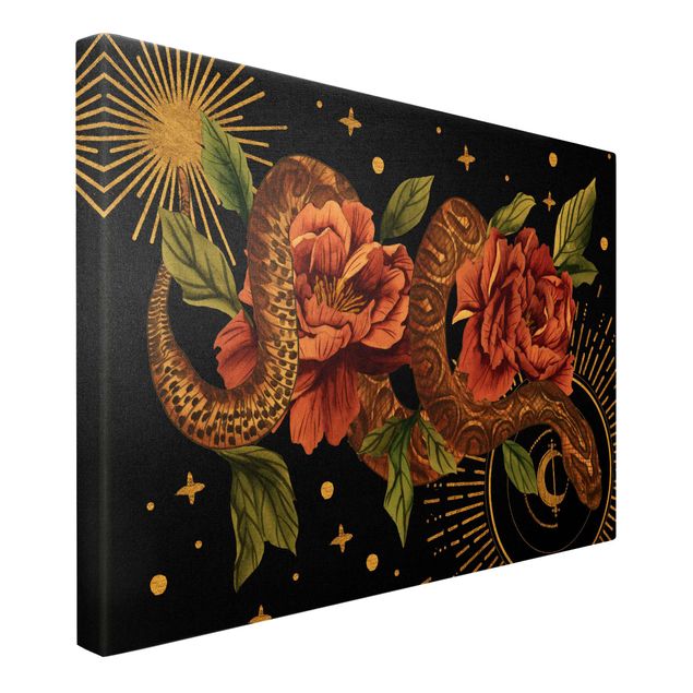 Canvas wall art Snakes With Roses On Black And Gold II