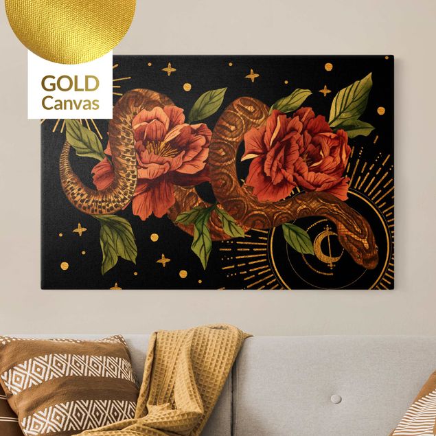 Red rose canvas Snakes With Roses On Black And Gold II