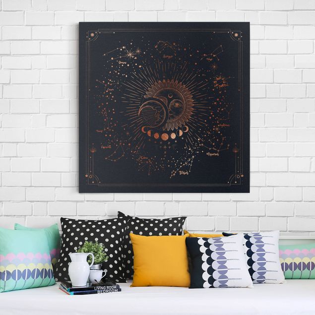 Pink rose canvas Astrology Sun Moon And Stars Blue Gold