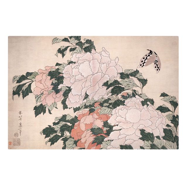 Pink rose canvas Katsushika Hokusai - Pink Peonies With Butterfly