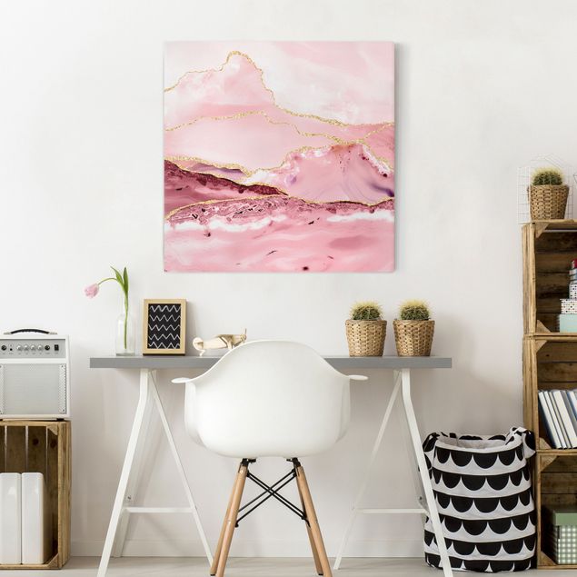 Mountain prints Abstract Mountains Pink With Golden Lines