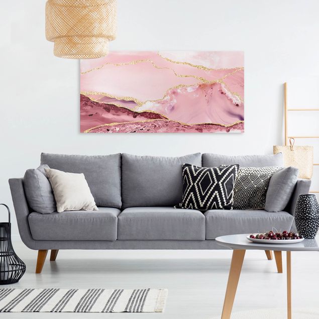 Mountain canvas wall art Abstract Mountains Pink With Golden Lines