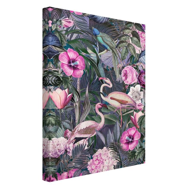 Bird canvas wall art Colourful Collage - Pink Flamingos In The Jungle