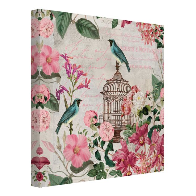 Canvas art prints Shabby Chic Collage - Pink Flowers And Blue Birds
