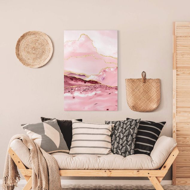 Mountain prints Abstract Mountains Pink With Golden Lines