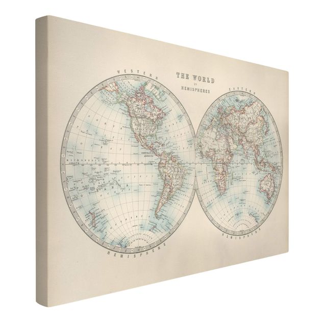 World map canvas Vintage World Map The Two Hemispheres