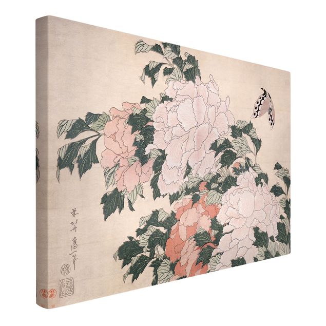 Butterfly canvas wall art Katsushika Hokusai - Pink Peonies With Butterfly