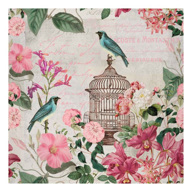Prints vintage Shabby Chic Collage - Pink Flowers And Blue Birds