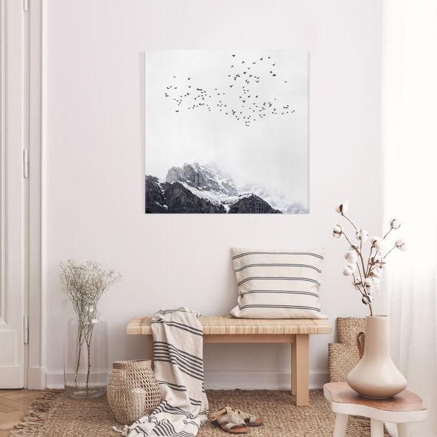 Landscape canvas prints Flock Of Birds In Front Of Mountains Black And White