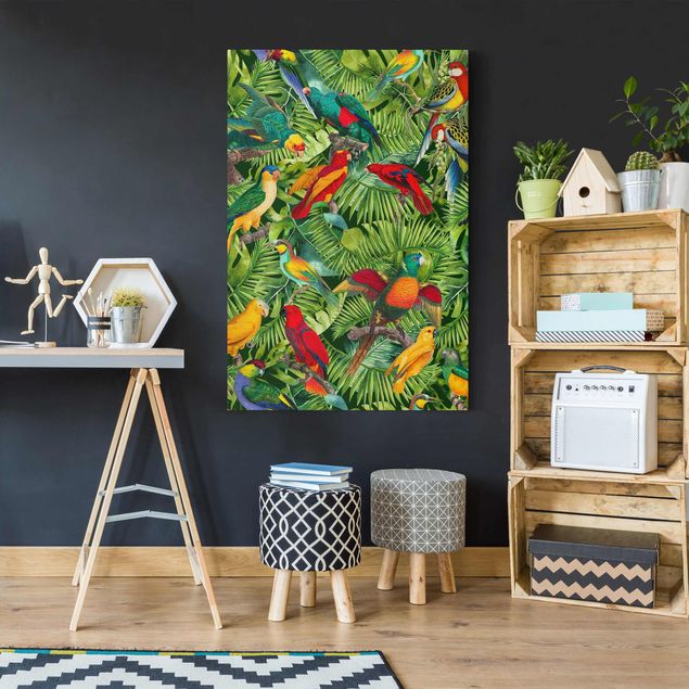 Bird canvas wall art Colourful Collage - Parrots In The Jungle