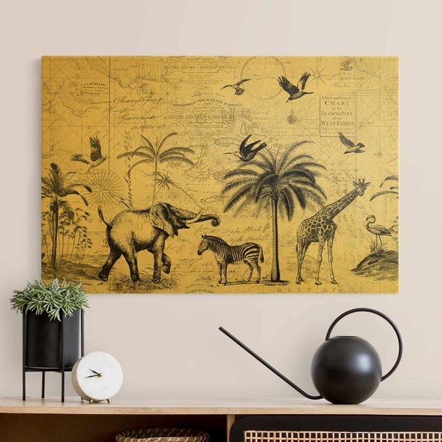 Prints elefant Vintage Collage - Exotic Map